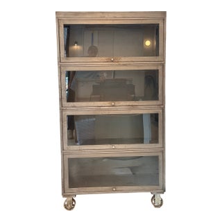 Vintage Industrial Steel Barrister Cabinet on Casters With Glass Lift Doors For Sale