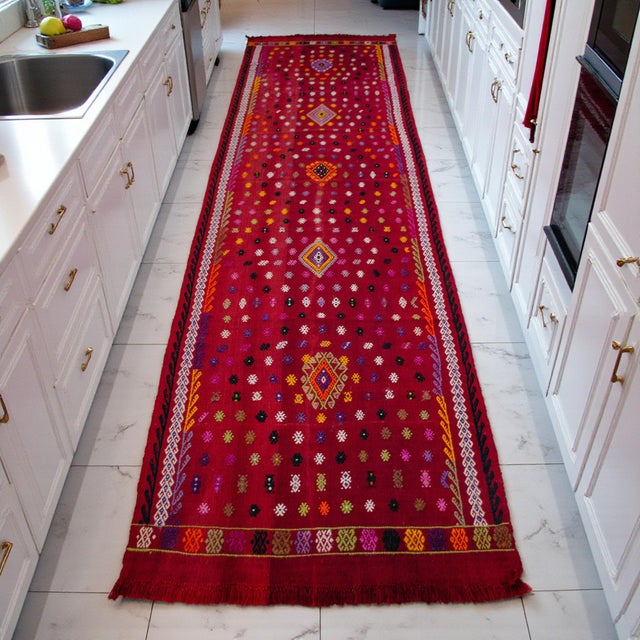 Rustic Vintage Turkish Runner Rug Handmade Embroidered Wool Kilim Rug Hallway Runner Rug Kitchen Decor - 3′2″ × 11′4″ For Sale - Image 3 of 14