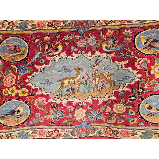 Vintage Persian Tabriz Pictorial Rug, Hand-Knotted Wool & Silk, Forest Scene, Red & Blue, 2x3 For Sale - Image 13 of 15