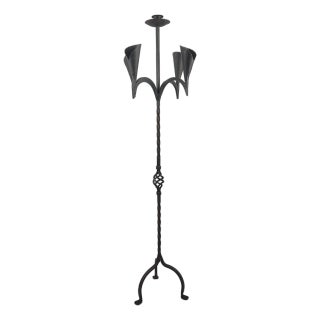 Wrought Iron Floor Candelabra With Twisted Stem, Antique Copper Finish For Sale