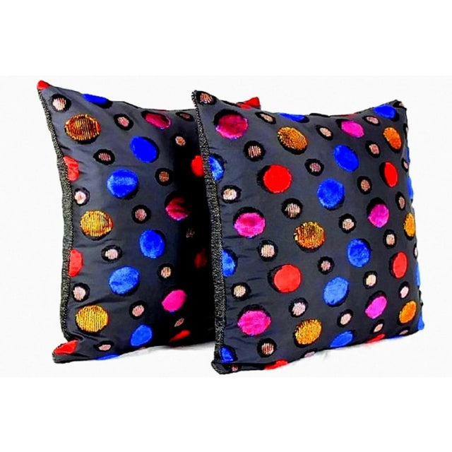 Multicolor Velvet Polka Dot Black Italian Silk Pillows- a Pair For Sale - Image 6 of 12