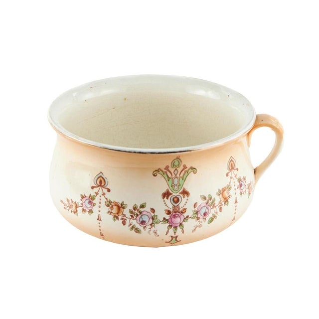 Antique Chamber Pot, classical shape and all over pretty design with lovely colours and gilt decoration to the top rim.