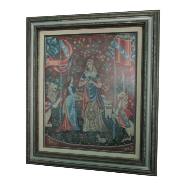 My Only Desire the Lady and the Unicorn Vintage Finished Needlepoint Framed Under Glass For Sale