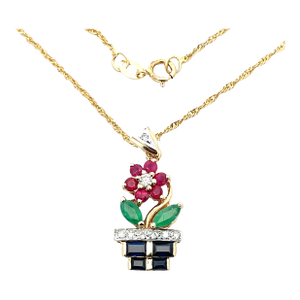 14k Yellow Gold Multi-Gemstone Flower Vase Necklace