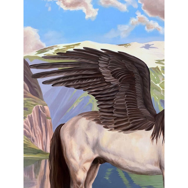 Early 21st Century Pegasus by Robin Hextrum | Oil on wood panel of a winged horse by a lake in a mountainous landscape For Sale - Image 5 of 5