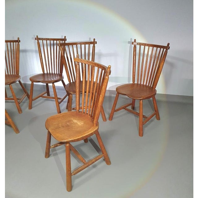 Spindle Back Dining Chairs in Oak from De Ster Geldermalsen with Carved Backrests, 1960s, Set of 6 For Sale - Image 6 of 18