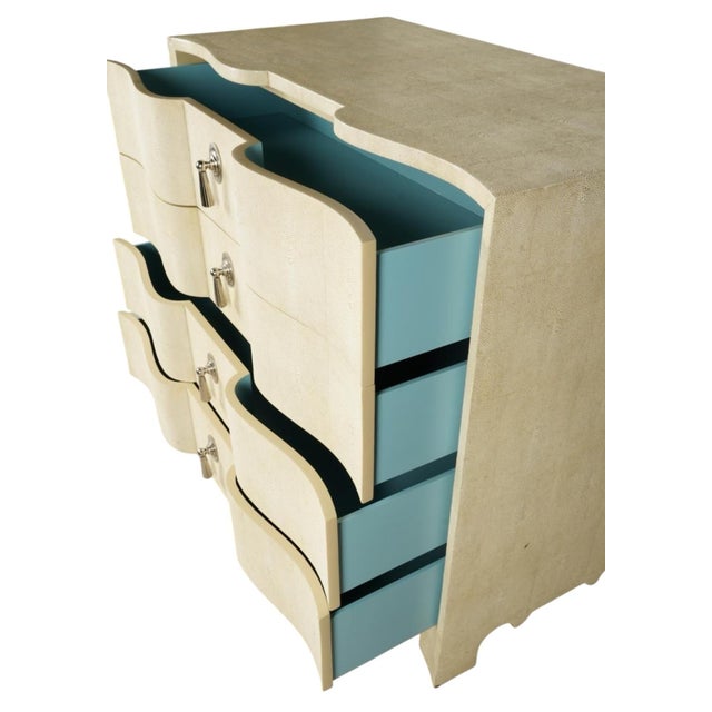 Faux Shagreen Serpentine Chest of Drawers by Lillian August in Vellum/Ivory with Nickel Tassel Drawer Pulls and blue...