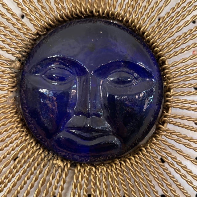 Mid Century Cobalt Blue Glass and Gilt Metal Solar Wall Plaque For Sale In Miami - Image 6 of 6