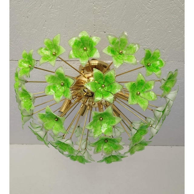 1990s Green Floral Sputnik Flush Mount Chandelier 1980s Glass Flowers For Sale - Image 5 of 12