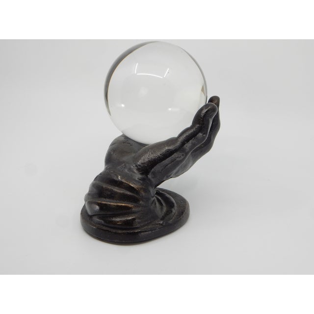 1960s Vintage Bronze Hand Sculpture Holding an Optical Crystal Ball For Sale - Image 5 of 7