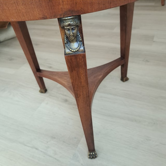 Neoclassical Baker Furniture Neoclassical Round Three-Leg Brass Mount Walnut Accent Side Table 20” For Sale - Image 3 of 12