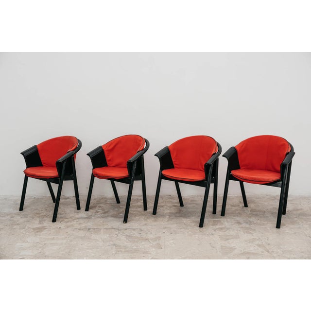 Textile Black Lacquered Wood Chairs with Red Fabric Seats from Pozzi & Verga, 1970s, Set of 4 For Sale - Image 7 of 13