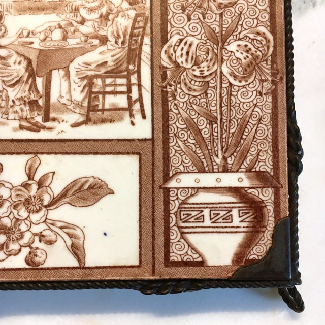 1881 Brown Aesthetic Movement Tile / Trivet Tea Party & Flowers by Kate Greenaway For Sale In Baltimore - Image 6 of 6
