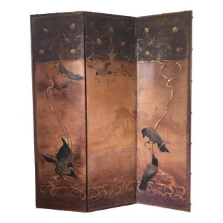 Art Nouveau Three Panel Tooled Leather Screen, 1900s For Sale
