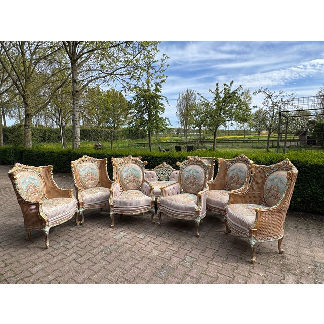 1940 French Louis XVI Pastel Beech Sofa Set - 7 Pc For Sale - Image 18 of 18