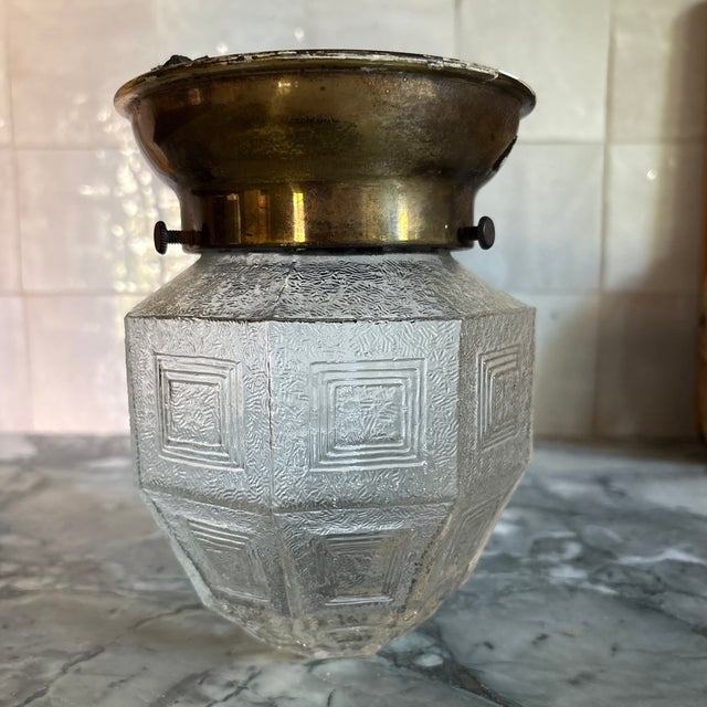 Art Deco ceiling lamp with a frosted glass shade embossed with a square deco pattern. Light fixture worked when removed....