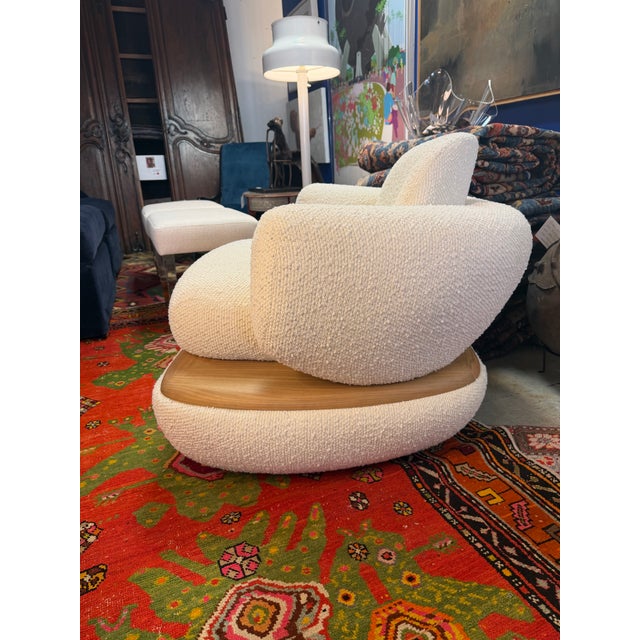 Custom Cream Color Boucle and Wood Lounge Chair For Sale In Miami - Image 6 of 11