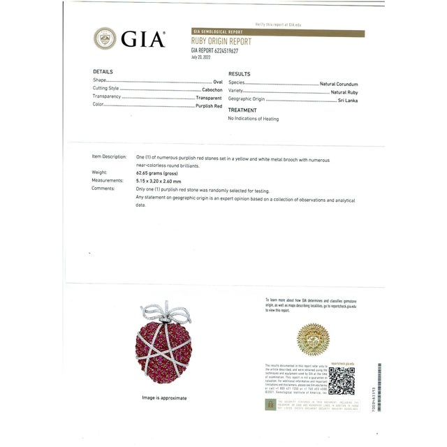 GIA Certified Natural NO HEAT 50 Ct Ceylon Ruby & 5 Ct Diamond Big Apple 18 K Pin/Brooch Gia report # 6224519627 Natural...