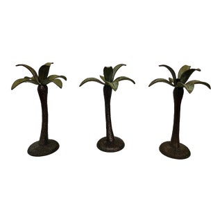 Coastal Verdigris Palm Tree Candle Holders - a Set of Three For Sale