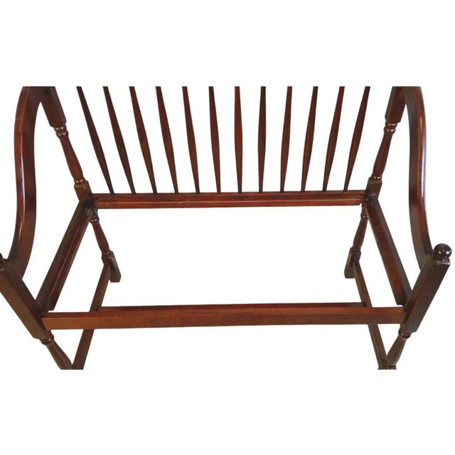 1990s Antique Inspired Spindle Back Cherrywood Hall Bench With Removable Upholstered Seat. For Sale - Image 5 of 10
