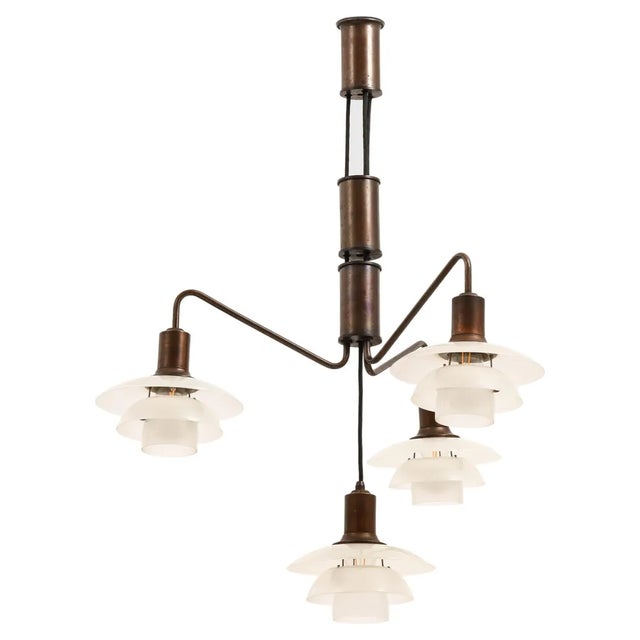Brown Ceiling Lamp with Brown Brass Frame and Glass Shades attributed to Poul Henningsen, 1930s For Sale - Image 8 of 8