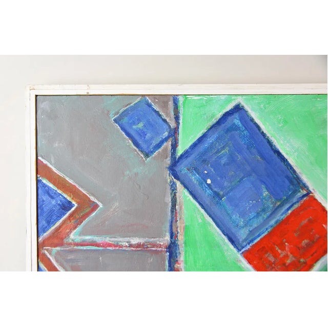 Midcentury modern abstract painting, done in oil and acrylic, signed by Woodstock artist Jon Stark. Dated 1996. In a...