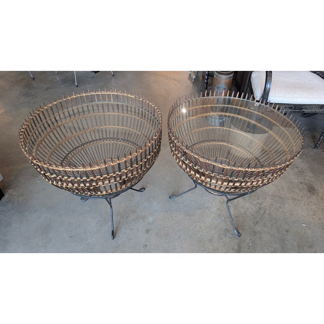 Franco Albini 1960s Mid-Century Franco Albini Style Rattan, Iron & Glass Fish Trap Side Tables - A Pair For Sale - Image 4 of 14