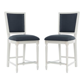 Counter Stool in Navy & Distressed White - a Pair For Sale