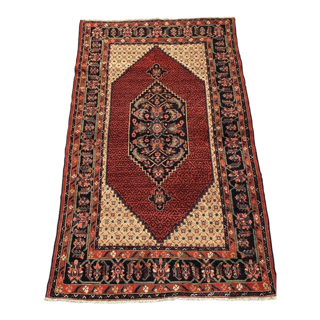 Rust Persian Senneh Herati Medallion Hand-Knotted Wool Rug - 4'2" X 6'7" For Sale