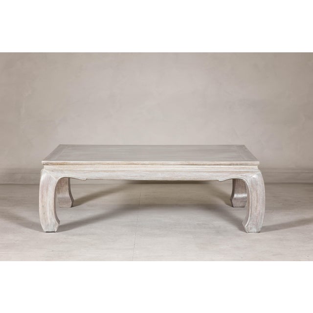 Teak Ming Style Whitewash Coffee Table with Chow Legs and Carved Apron For Sale In New York - Image 6 of 12