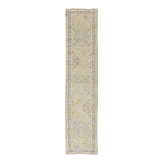 Turkish Oushak Runner With a Tribal Design in Purple, Blue and L.Green Colors by Keivan Woven Arts For Sale
