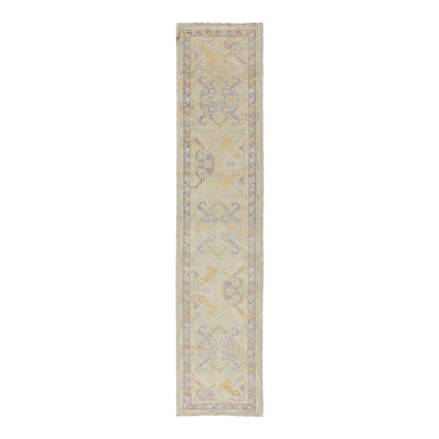 Turkish Oushak Runner With a Tribal Design in Purple, Blue and L.Green Colors by Keivan Woven Arts For Sale