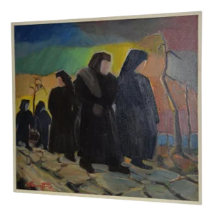 Circa 1967 "Nun Pilgrimage" Original Oil Painting