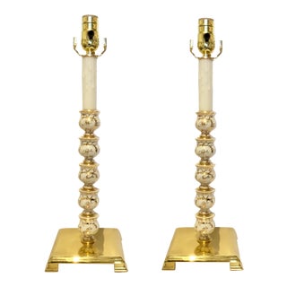 Vintage Custom Pair of Porcelain and Brass Table Lamps For Sale