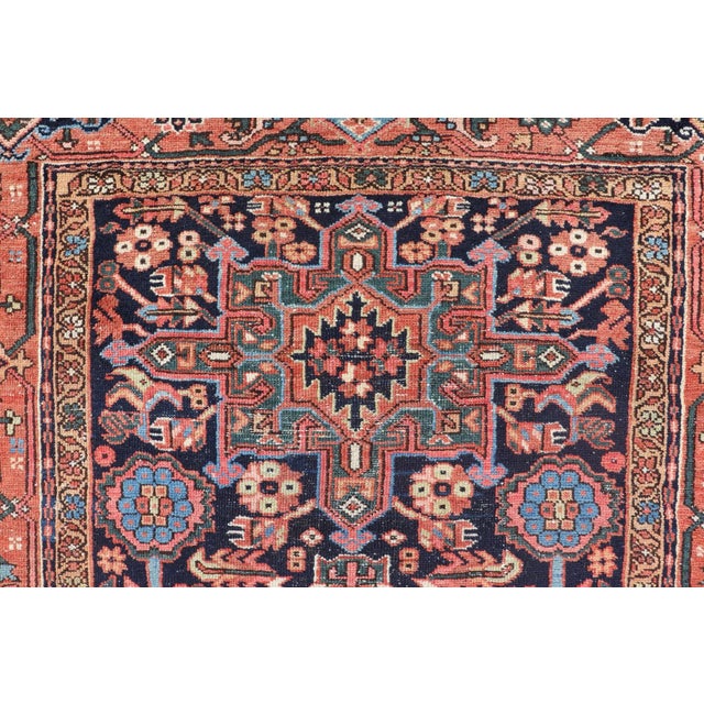 Early 20th Century Antique Persian Heriz With Medallion Design in Ivory, Dark Blue & Jewel Tones For Sale - Image 5 of 9