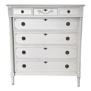 Antique European Tallboy | Solid Wood Chest of Drawers | French White Dresser | Original Hardware | Beige Mahogany Dresser For Sale