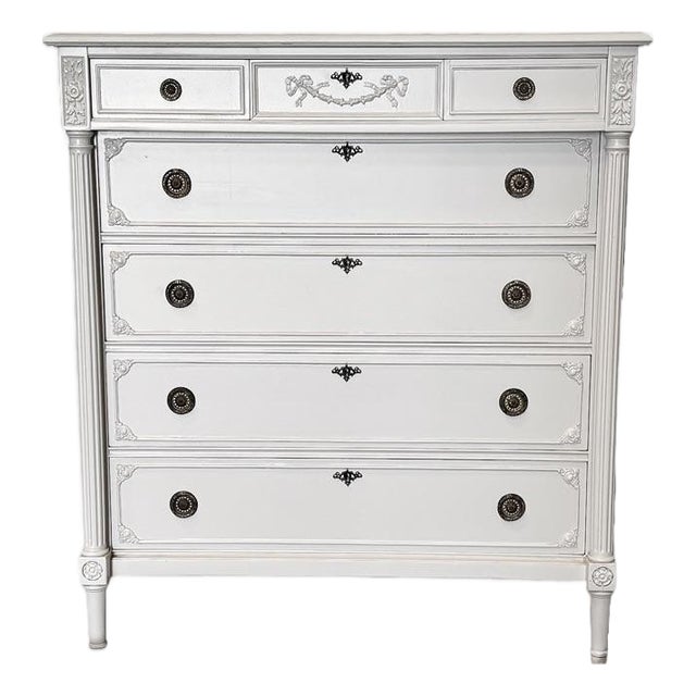 Antique European Tallboy | Solid Wood Chest of Drawers | French White Dresser | Original Hardware | Beige Mahogany Dresser For Sale