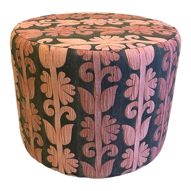 Helen Miller Studio Upholstered "Flora" Footstool, Pink and Grey Brocatelle For Sale