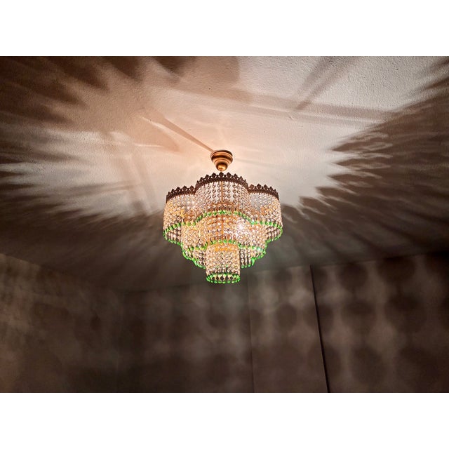 Vintage Crystal Tiered Flush Mount Chandelier With Green Crystal Accents - Restored For Sale - Image 17 of 18