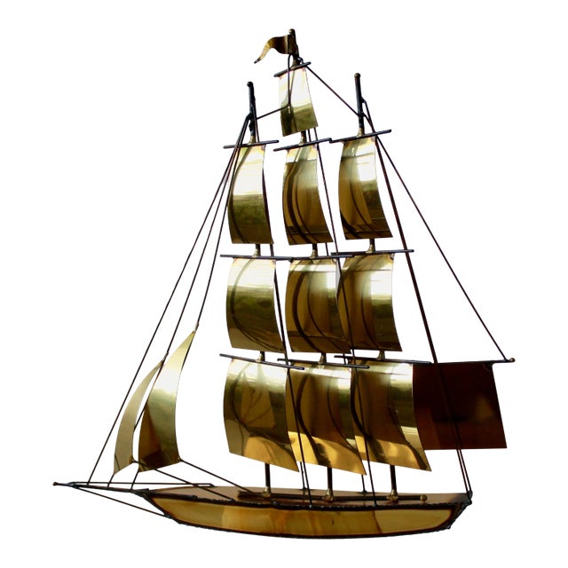 Signed Jere Vintage Mid Century Brass Onyx Three Mast Sailing Yacht Boat Sculpture For Sale