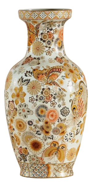 Kutani Style Ceramic Vase with Hand-Painted Butterflies and Floral Motifs