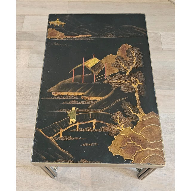 Maison Jansen French Mid-Century Chinoiserie Black Lacquered Gilt Metal End Table For Sale - Image 4 of 12
