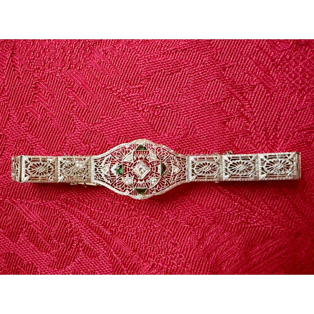 Silver 1920s Art Deco Platinum & 14k Gold Estate Emerald & Diamond Bracelet For Sale - Image 8 of 18