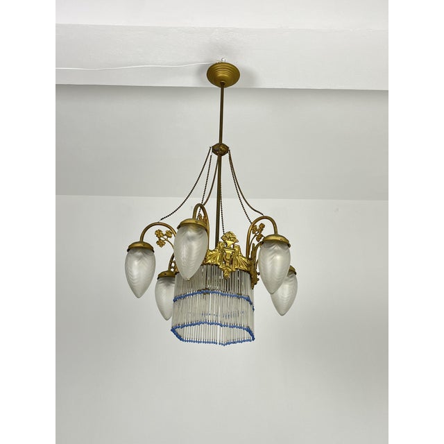 Metal Art Deco 7-Light Chandelier in Brass and Glass, 1940s For Sale - Image 7 of 18