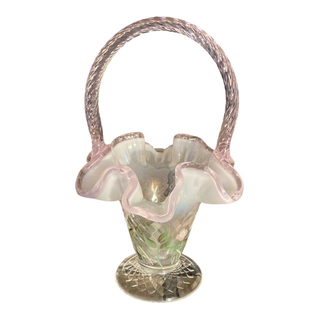 Signed Hand Painted Fenton Art Glass Basket, Pink Opalescent Ruffled Edge, Signed S. Massey For Sale