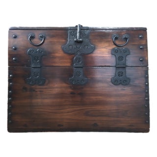 Antique Korean Blanket Chest With Calligraphy-Lined Interior & Hand-Forged Hardware For Sale