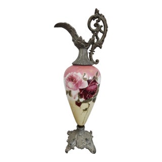 Circa 1900 Victorian Rococo Revival Pink Rose Porcelain & Spelter Mantel Ewer For Sale
