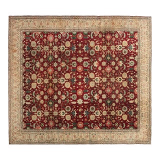 Fine Antique Indian Agra Red Botanic Handmade Wool Rug For Sale