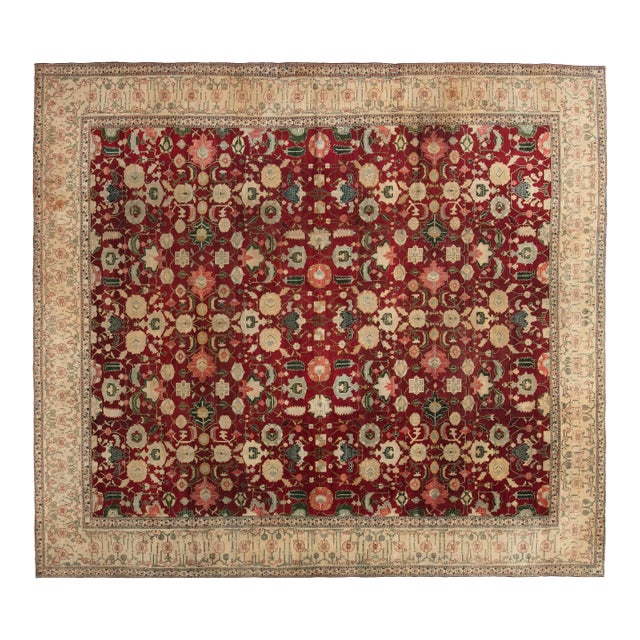 Fine Antique Indian Agra Red Botanic Handmade Wool Rug For Sale
