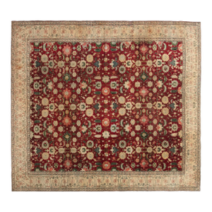 Fine Antique Indian Agra Red Botanic Handmade Wool Rug